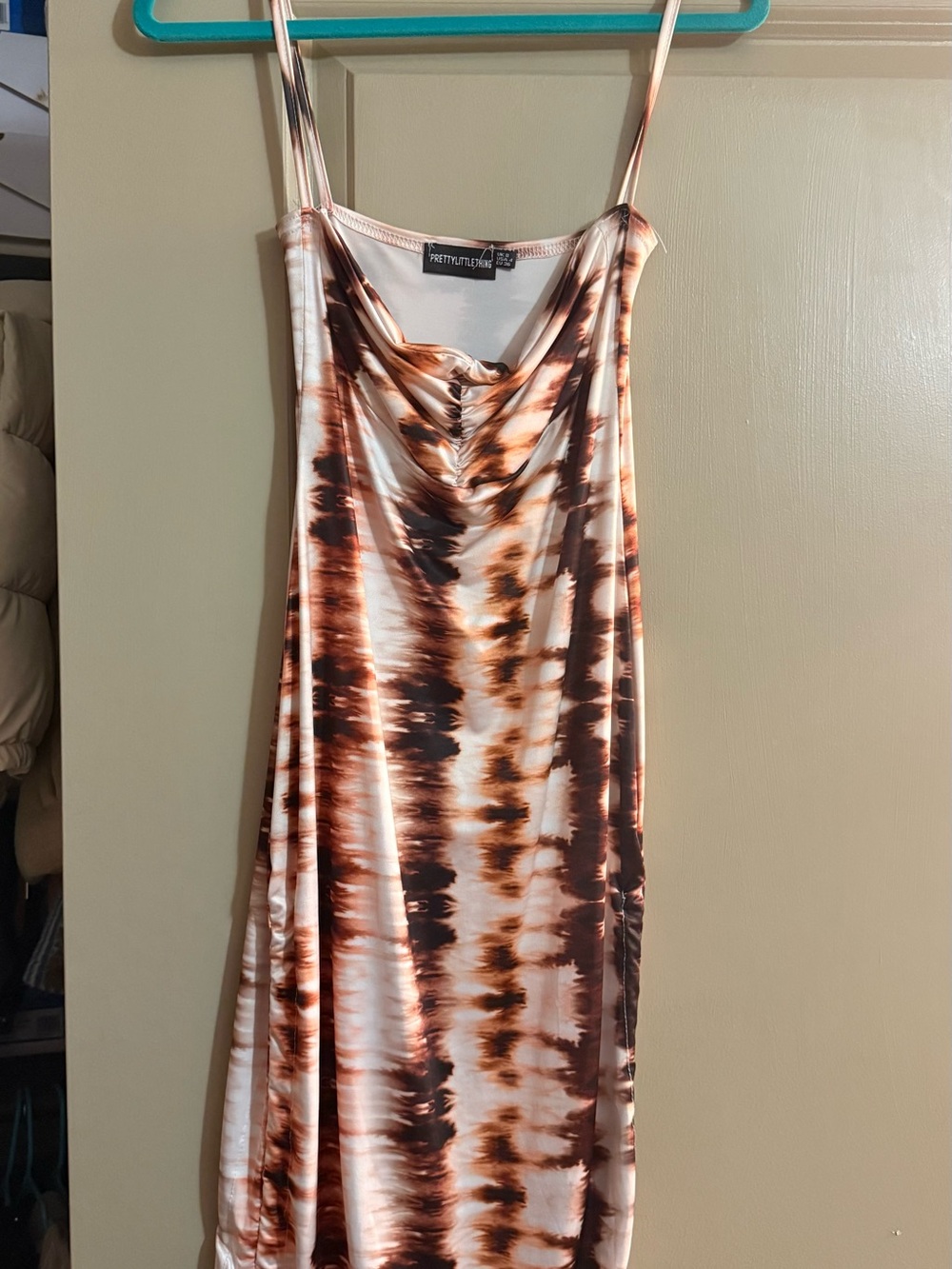 PrettyLittleThing Brown and White Tie-Dye Cowl Midi Dress